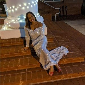Silver Sequin Off the Shoulder Gown